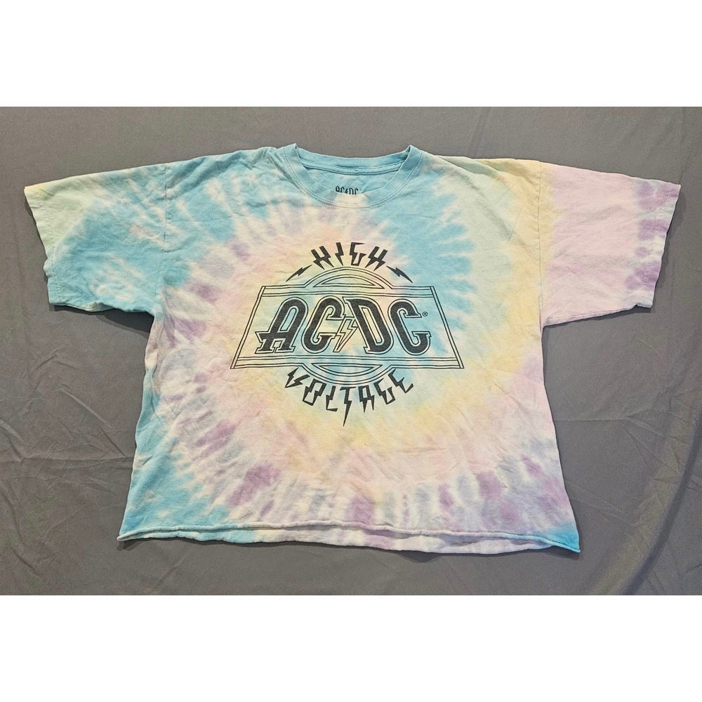 ACDC T-Shirt Womens XL Pastel Tie Dye High Voltage Cropped Raw Hem Cotton